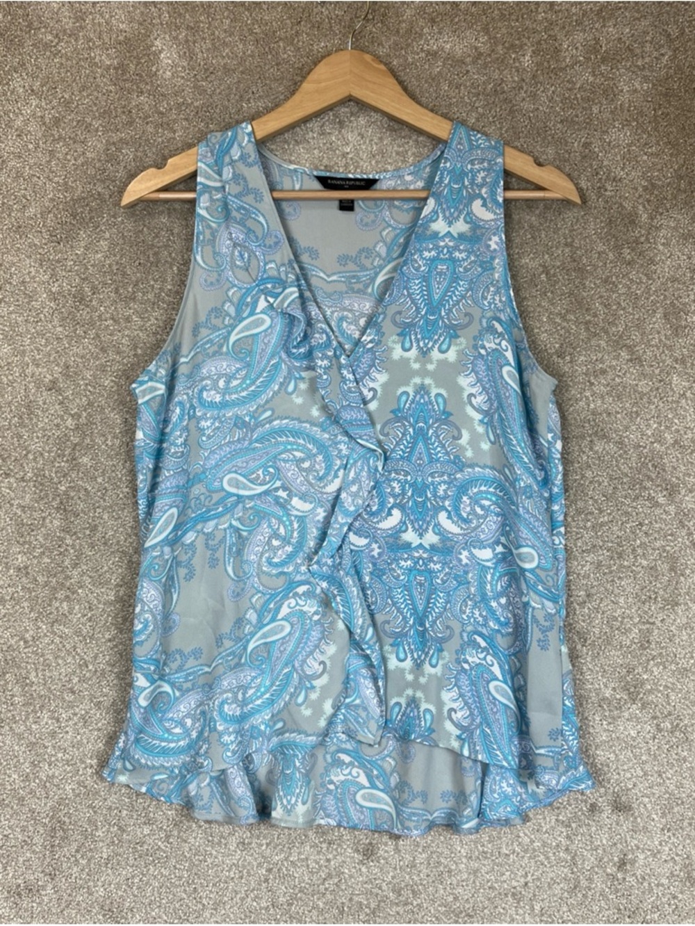 Banana Republic Blouse Womens Small Blue Paisley Sleeveless Ruffle- 4576